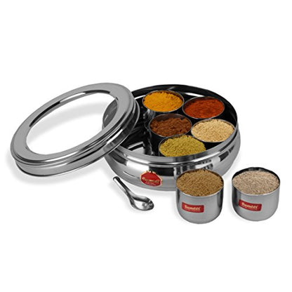 Sumeet Stainless Steel Belly Shaped Masala Spice Box/Dabba/Organiser with See Through Lid with 7 Containers and Small Spoon (Small)