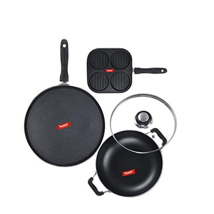 Sumeet NonStick Kelabu Cookware Set (Dosa Tawa - 26.5Cm Dia + Kadhai with Glass Lid -2Ltr - 22Cm Dia + Mini Multi Snack Maker - 4 Cavity -19.5cm)