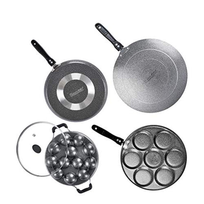 Sumeet NonStick Dubh Cookware Set (Dosa Tawa - 26.5Cm Dia + Multi Snack Maker - 7 Cavity - 26.5Cm Dia + Grill Appam Patra with Glass Lid - 12 Cavity - 22cm Dia + Conceve/Roti Tawa - 28Cm Dia)