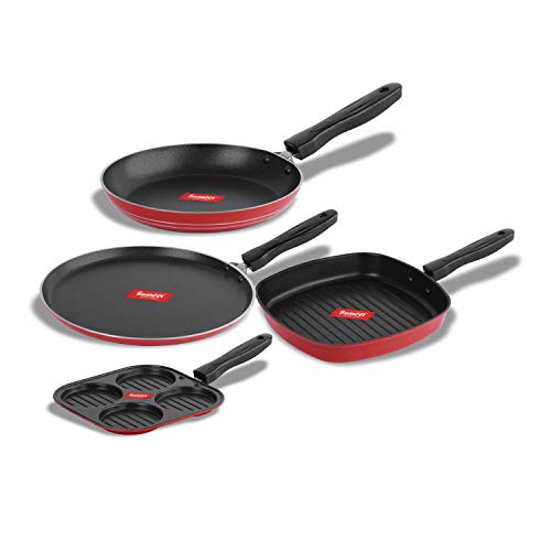 Sumeet 2.6mm Thick Non-Stick SOR Cookware Set (Dosa Tawa – 26.5cm Dia + Mini Multi Snack Maker – 19.5cm Dia + Grill Pan – 1.1Ltr Capacity – 22cm Dia + Tapper pan – 20cm Dia)