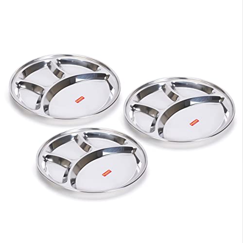 Sumeet Stainless Steel Round 4 in 1 Compartment Lunch / Dinner Plate Set of 3Pcs, 32.5cm Dia, Silver