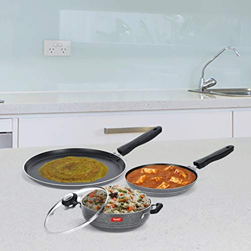 Sumeet NonStick Grey Cookware Set (Dosa Tawa - 26.5Cm Dia + Kadhai with Glass Lid -2Ltr - 22Cm Dia + Tapper pan - 0.6Ltr - 20Cm Dia)