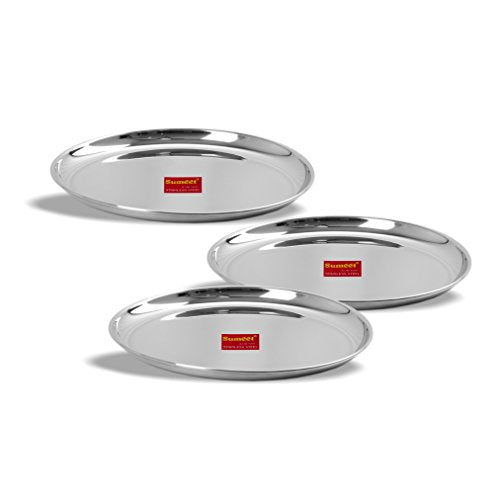 Sumeet Stainless Steel Heavy Gauge Shallow Dinner Plates with Mirror Finish 28.3cm Dia - Set of 3pc