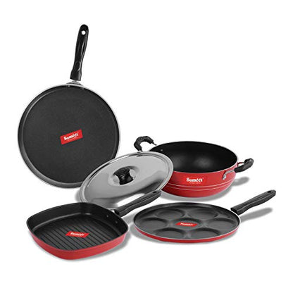 Sumeet 2.6mm Thick Non-Stick Sienna Cookware Set (Dosa Tawa – 26.5cm Dia + Multi Snack Maker – 26.5cm Dia + Kadhai with Lid – 1.5Ltr Capacity- 20cm Dia + Grill Pan – 1.1Ltr Capacity – 22cm Dia)