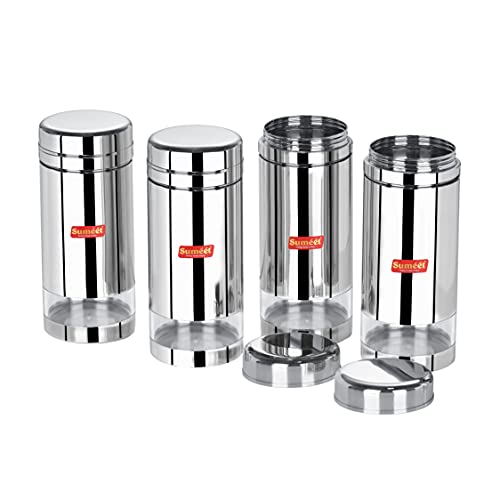 Sumeet Stainless Steel Circular See Through / Transparent Container, Set of 4Pc, 1 Ltr each, 10cm Dia, Silver