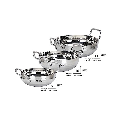 Sumeet Stainless Steel Handcrafted Hammered Mathar Kadai for Kitchen, 1000ML, 1350ML & 1700ML, 16cm, 18cm & 20cm Dia, Pack of 3, Silver