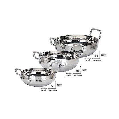 Sumeet Stainless Steel Handcrafted Hammered Mathar Kadai for Kitchen, 1000ML, 1350ML & 1700ML, 16cm, 18cm & 20cm Dia, Pack of 3, Silver