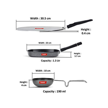 Sumeet NonStick Siva Cookware Set (Flat Tawa - 30.5cm Dia + Grill Pan-22cm Dia + Waghariya/Tadka pan - 190Ml - 10Cm Dia)