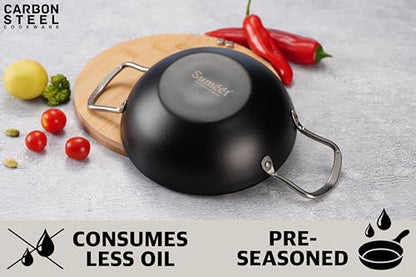 Sumeet Super Smooth Pre Seasoned Carbon Steel (Iron) Deep Kadai for Cooking and Deep Frying|Naturally Nonstick |20cm |1250ml, Gas & Induction-Friendly, Black