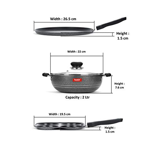 Sumeet NonStick Kelabu Cookware Set (Dosa Tawa - 26.5Cm Dia + Kadhai with Glass Lid -2Ltr - 22Cm Dia + Mini Multi Snack Maker - 4 Cavity -19.5cm)