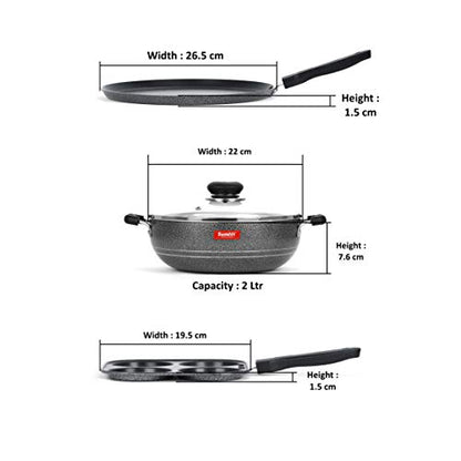 Sumeet NonStick Kelabu Cookware Set (Dosa Tawa - 26.5Cm Dia + Kadhai with Glass Lid -2Ltr - 22Cm Dia + Mini Multi Snack Maker - 4 Cavity -19.5cm)