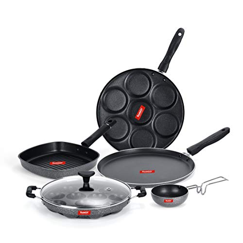 Sumeet NonStick Negru Cookware Set(Dosa Tawa-26.5Cm Dia+Multi Snack Maker-7 Cavity-26.5Cm Dia+Grill Appam Patra with Glass Lid-12 Cavity-22cm Dia+Grill Pan-22cm Dia+Tadka pan-190Ml-10Cm Dia)