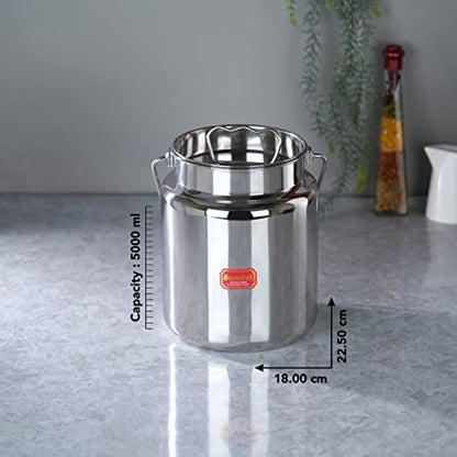 Sumeet Stainless Steel Akhand - Jointless Milk Can/Oil Can/Milk Barni/Oil Pot with Lid, 5000ML Capacity, 18Cm Dia, Silver