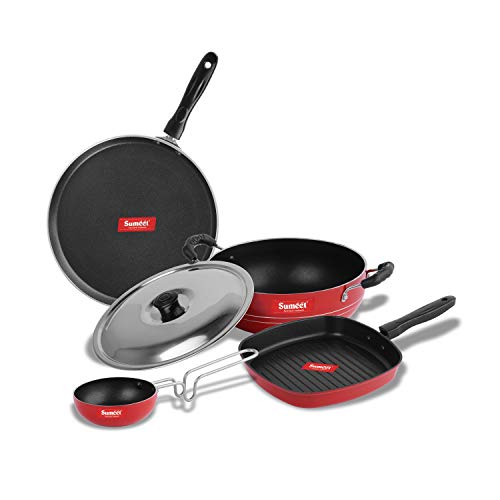 Sumeet 2.6mm Thick Non-Stick Piros Cookware Set (Dosa Tawa – 26.5cm Dia + Kadhai with Lid – 1.5Ltr Capacity- 20cm Dia + Grill Pan – 1.1Ltr Capacity – 22cm Dia + Tadka Pan – 10cm Dia)