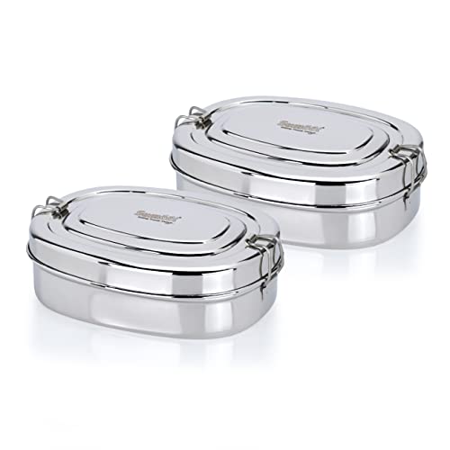 Sumeet Stainless Steel Rectangle Lunch Box/Tiffin with 2 Compartments and Locking Clip, Set of 2 Pcs, 550ML, Ideal for 2 Person - Silver