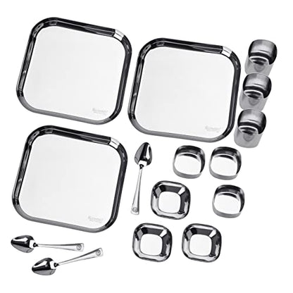 Sumeet Square Stainless Steel Heavy Gauge Mirror Finish Dinner Set of 15 Pc (3 Plate, 3 Halwa Plate, 3 Bowl , 3 Glass, 3 Spoon)