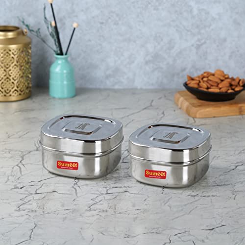 Sumeet Stainless Steel Square Storage containers Box/Dabba for Kitchen, Set of 2Pcs, 550ml, 11cm Dia, Silver