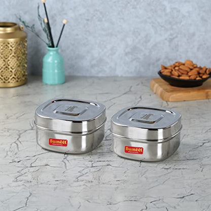 Sumeet Stainless Steel Square Storage containers Box/Dabba for Kitchen, Set of 2Pcs, 550ml, 11cm Dia, Silver