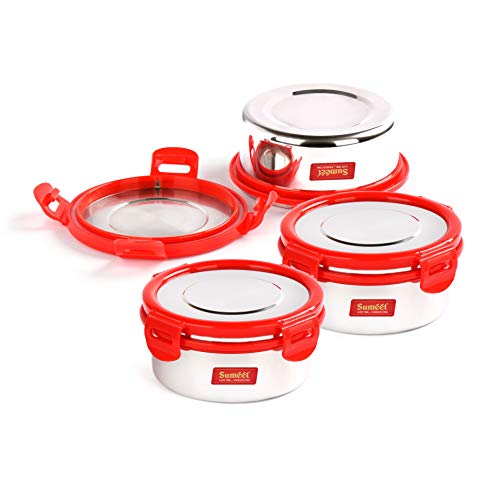 Sumeet Airtight & Leak Proof Steelexo S.S. Container/Lunch Box with Stainless Steel Lid Set of 3Pcs (300Ml Each)