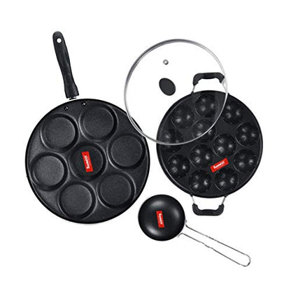 Sumeet NonStick Gray Cookware Set (Multi Snack Maker - 7 Cavity - 26.5Cm Dia + Grill Appam Patra with Glass Lid - 12 Cavity - 22cm Dia + Waghariya/Tadka pan - 190Ml - 10Cm Dia)