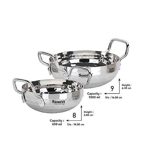 Sumeet Stainless Steel Handcrafted Hammered Mathar Kadai for Kitchen, Small Size, 550ML & 1000ML, 14cm & 16cm Dia, Pack of 2, Silver