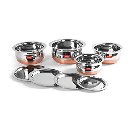 Sumeet Stainless Steel Copper Bottom Belly Shape 4 Pc Tope / Cookware/ Pot Set with Lid 380ML, 500ML, 780ML, 1.1Ltr, (Silver)