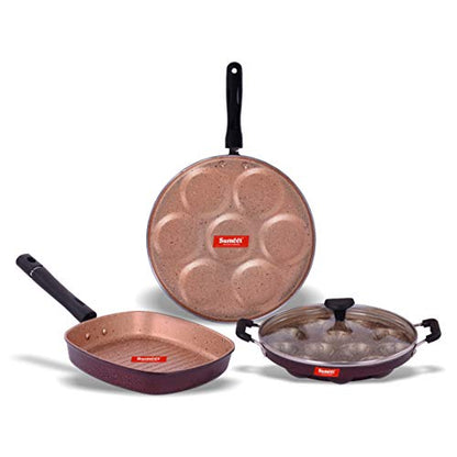 Sumeet Buffy Aluminium Grill Pan, Grill Appam Patra With Glass Lid, Multi Snack Maker, 1.1 L Grill Pan, 12 Piece (Peach)