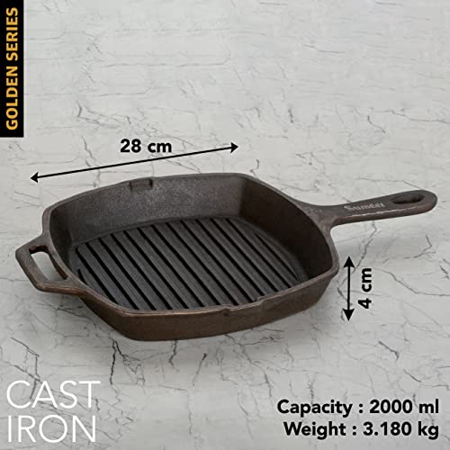 Sumeet Super Smooth Gold Series Pre Seasoned Cast Iron Grill Pan for  Grill/Fry/Saute/Roast |28cm 3.180kg, Gas & Induction-Friendly.