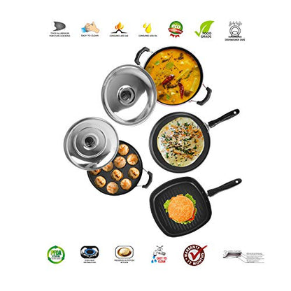 Sumeet 2.6mm Thick Non-Stick Rooi Cookware Set (Dosa Tawa – 26.5cm Dia + Kadhai with Lid – 1.5Ltr Capacity- 20cm Dia + Grill Appam Patra with Lid – 23cm Dia + Grill Pan – 1.1Ltr Capacity – 22cm Dia)