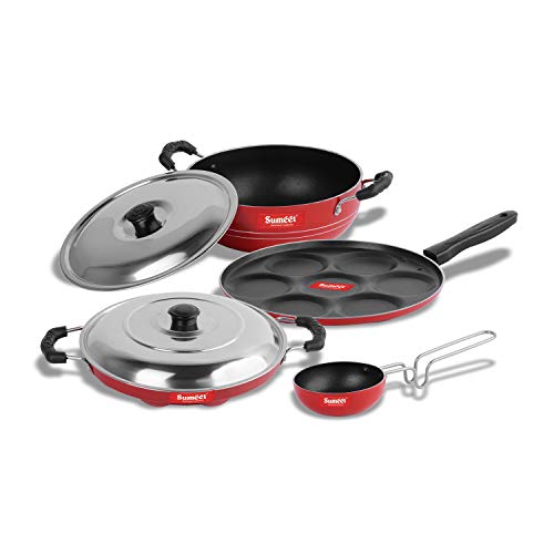 Sumeet 2.6mm Thick Non-Stick Ulaan Cookware Set (Multi Snack Maker – 26.5cm Dia + Kadhai with Lid – 1.5Ltr Capacity- 20cm Dia + Grill Appam Patra with Lid – 23cm Dia + Tadka Pan – 10cm Dia)