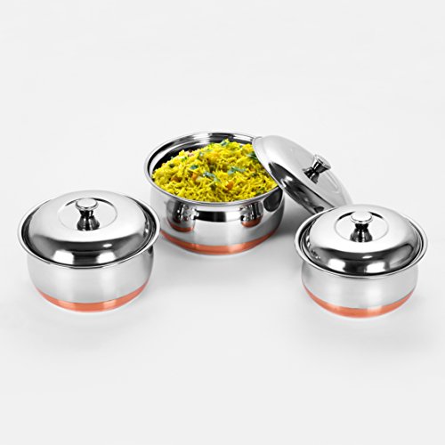 Sumeet Stainless Steel Copper Bottom Multipurpose Cook & Serve Handi with Lid - 3 pcs Set (1 Nos.: 1.1 L, 1 Nos.: 1.3 L, 1 Nos.: 1.7 L Handi with lid.)