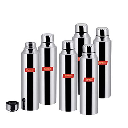 Sumeet Stainless Steel Airtight and Leak Proof Fridge Water Bottle 1 Litre, Set of 6pc