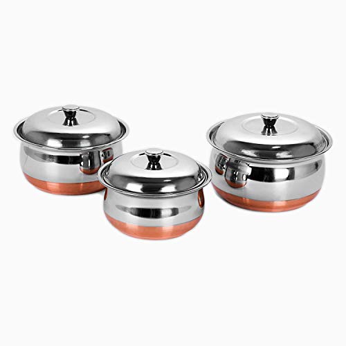 Sumeet Stainless Steel Copper Bottom Multipurpose Cook & Serve Handi with Lid - 3 pcs Set (1 Nos.: 1.1 L, 1 Nos.: 1.3 L, 1 Nos.: 1.7 L Handi with lid.)