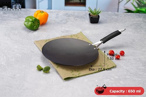 Sumeet Super Smooth Pre Seasoned Carbon Steel (Iron) Concave Tawa for Roti, Chapati, Paratha, Chila |Naturally Nonstick |27.5cm, Gas & Induction-Friendly, Black