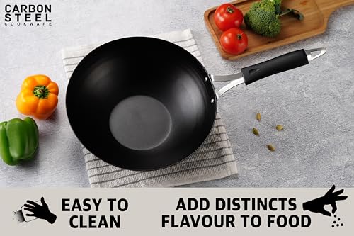 Sumeet Super Smooth Pre Seasoned Carbon Steel (Iron) Deep Wok for Cooking and Deep Frying|Naturally Nonstick |25cm | 2250ml, Gas & Induction-Friendly, Black