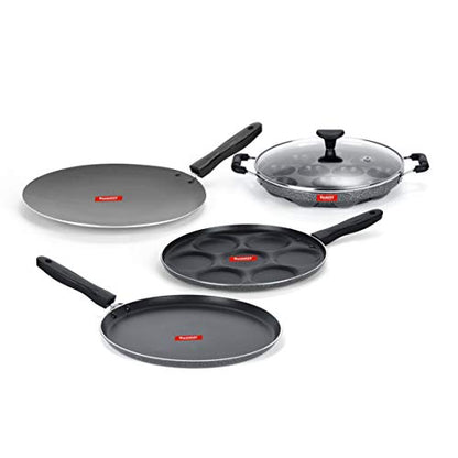 Sumeet NonStick Dubh Cookware Set (Dosa Tawa - 26.5Cm Dia + Multi Snack Maker - 7 Cavity - 26.5Cm Dia + Grill Appam Patra with Glass Lid - 12 Cavity - 22cm Dia + Conceve/Roti Tawa - 28Cm Dia)