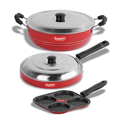 Sumeet 2.6mm Thick Non-Stick Fiona Combo Set (Mini Multi Snack Maker – 19.5cm Dia + Kadhai with Lid – 1.5Ltr Capacity- 20cm Dia + Pizza Pan – 23cm Dia)