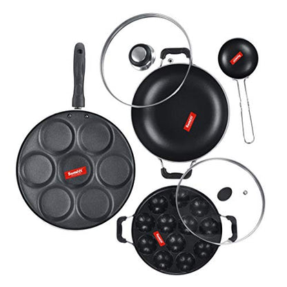 Sumeet NonStick Nero Cookware Set(Multi Snack Maker-7 Cavity-26.5Cm Dia+Kadhai with Glass Lid-2Ltr-22Cm Dia+Grill Appam Patra with Glass Lid-12 Cavity-22cm Dia+Waghariya/Tadka pan-190Ml-10Cm Dia)