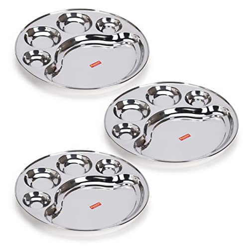 Sumeet Stainless Steel Round 5 in 1 Compartment Lunch / Dinner Plate Set of 3Pcs, 31cm Dia, Silver