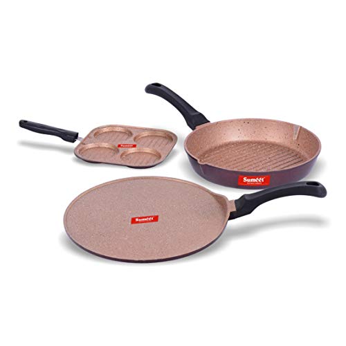 Sumeet Nonstick Granite Finish Enclave cookware Set (Round Grill Pan 25.5cm Dia + Mini Multi Snack Maker - 4 Cavity - 19.5cm Dia + Tawa 30.5cm Dia)