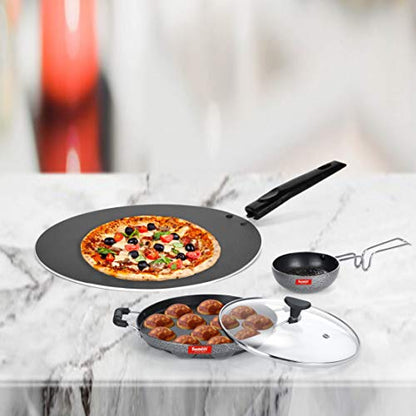 Sumeet NonStick Gris Cookware Set (Flat Tawa - 30.5cm Dia + Grill Appam Patra with Glass Lid - 12 Cavity - 22cm Dia + Waghariya/Tadka pan - 190Ml - 10Cm Dia)