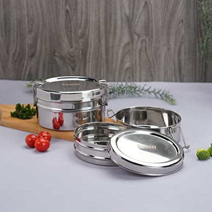 Sumeet Stainless Steel Oval Lunch Box/Tiffin with 2 Compartments and Locking Clip, Set of 2 Pcs, 850ML Each, Ideal for 2 Person - Silver