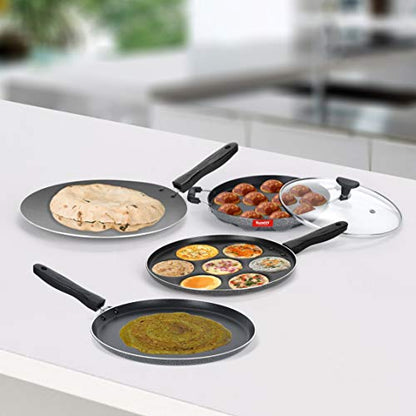 Sumeet NonStick Dubh Cookware Set (Dosa Tawa - 26.5Cm Dia + Multi Snack Maker - 7 Cavity - 26.5Cm Dia + Grill Appam Patra with Glass Lid - 12 Cavity - 22cm Dia + Conceve/Roti Tawa - 28Cm Dia)