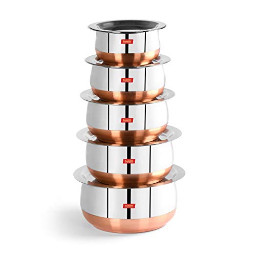 Sumeet Stainless Steel Copper Bottom Belly Shape 5 Pc Tope / Cookware/ Pot Set with Lid 1.1Ltr, 1.4Ltr 1.75Ltr, 2.4Ltr, 3Ltr (Silver)