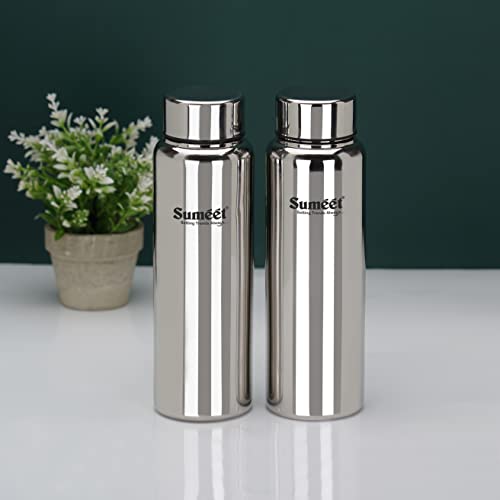 Sumeet Stainless Steel Jointless Akhand Leak-Proof Water Bottle / Fridge Bottle - 800ML Pack of 2, Silver