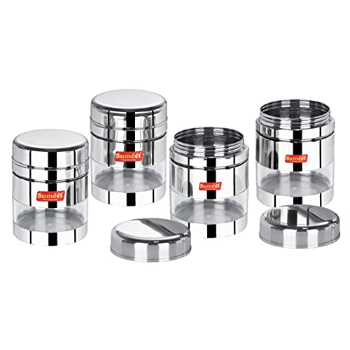 Sumeet Stainless Steel Circular See Through/Transparent Container, Set of 4Pc, 500 Ml Each, 8.5cm Dia, Silver