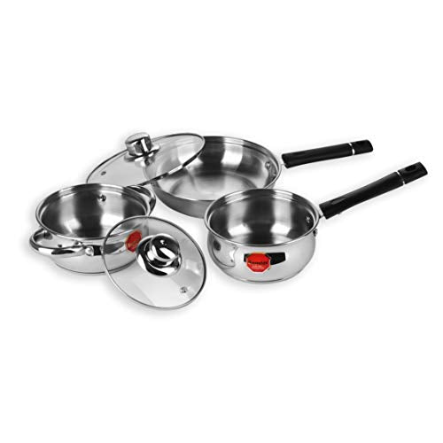 Sumeet Stainless Steel Induction and Gas Stove Compatible Cookware Set with Encapsulated Bottom - Combo of 3 with Multi Lid Concept (Fry Pan with Glass Lid 1 LTR- Saucepan 1 LTR - Casserole - 1 LTR)