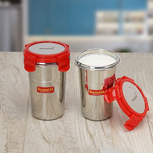 Sumeet Stainless Steel Airtight, Leak Proof, Freezer Safe and Dust Proof Small Tumbler with Stainless Steel Lid Set of 2 Pcs (400ml Each) Dia - 8cm