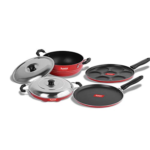 Sumeet 2.6mm Thick Non-Stick Shona Cookware Set (Dosa Tawa – 26.5cm Dia + Multi Snack Maker – 26.5cm Dia + Kadhai with Lid – 1.5Ltr Capacity- 20cm Dia + Grill Appam Patra with Lid – 23cm Dia)