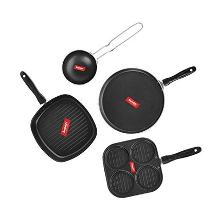 Sumeet 2.6mm Thick Non-Stick Russu Cookware Set (Dosa Tawa – 26.5cm Dia + Mini Multi Snack Maker – 19.5cm Dia + Grill Pan – 1.1Ltr Capacity – 22cm Dia + Tadka Pan – 10cm Dia)